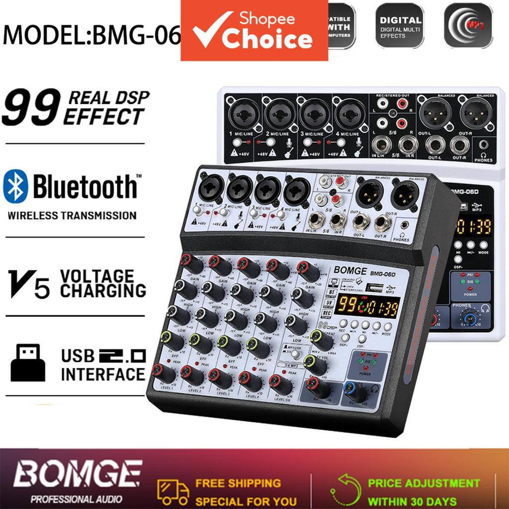 BOMGE Interface Mixer de Áudio DJ 6 Canais Profissional MP3 USB Bluetooth 99DSP Pro HiFi Elite