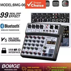 BOMGE Interface Mixer de Áudio DJ 6 Canais Profissional MP3 USB Bluetooth 99DSP Pro HiFi Elite