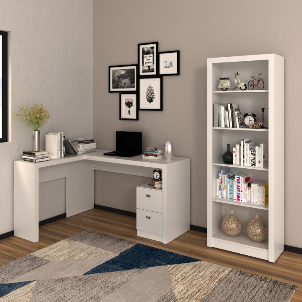 Conjunto 2 Peças com Mesa para Escritório em L e Estante Livreiro Branco Branco