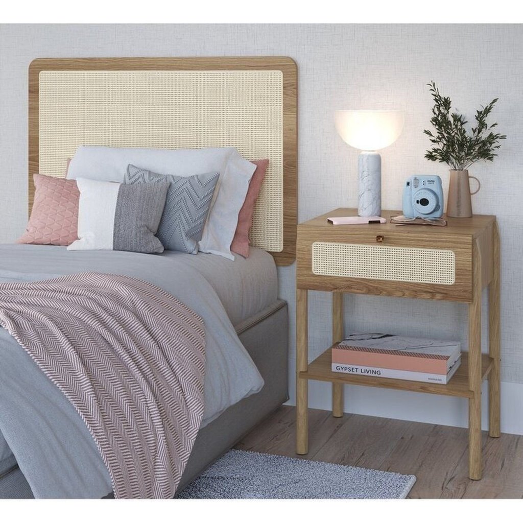 Conjunto Cabeceira Solteiro 90cm e Mesa de Cabeceira 1 Gaveta Pé Madeira Palhinha Oslo Bege