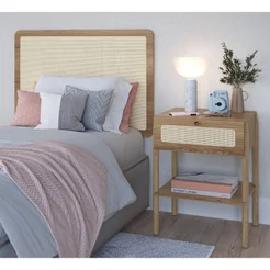 Conjunto Cabeceira Solteiro 90cm e Mesa de Cabeceira 1 Gaveta Pé Madeira Palhinha Oslo Bege
