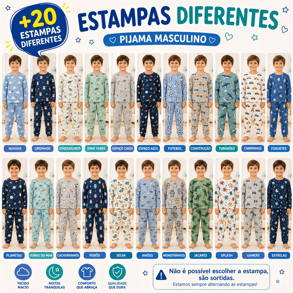 Pijama Infantil Menino Manga Longa Inverno 2 Peças Calça e Blusa Estampas Sortidas Roupa de Dormir Bebê Criança Frio