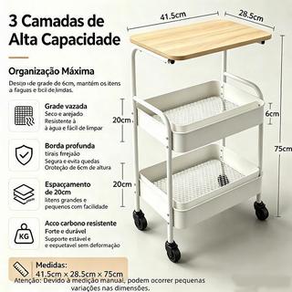 Carrinho de arrumação multifuncional com 3 prateleiras e rodas; mesa de computador