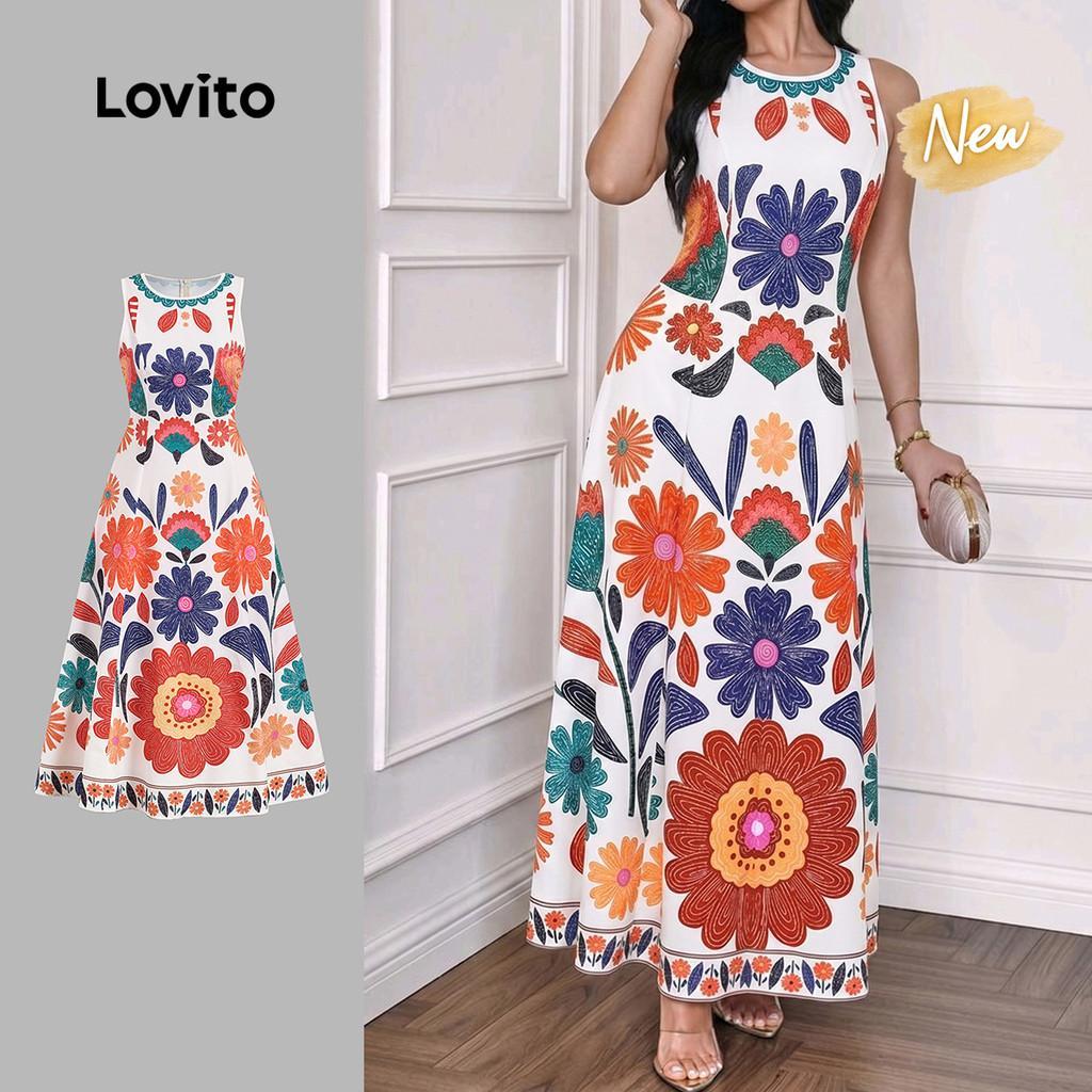 (New Arrival) Lovito Padrão de Vestido Boho Zíper Vestido Primavera/verão para m