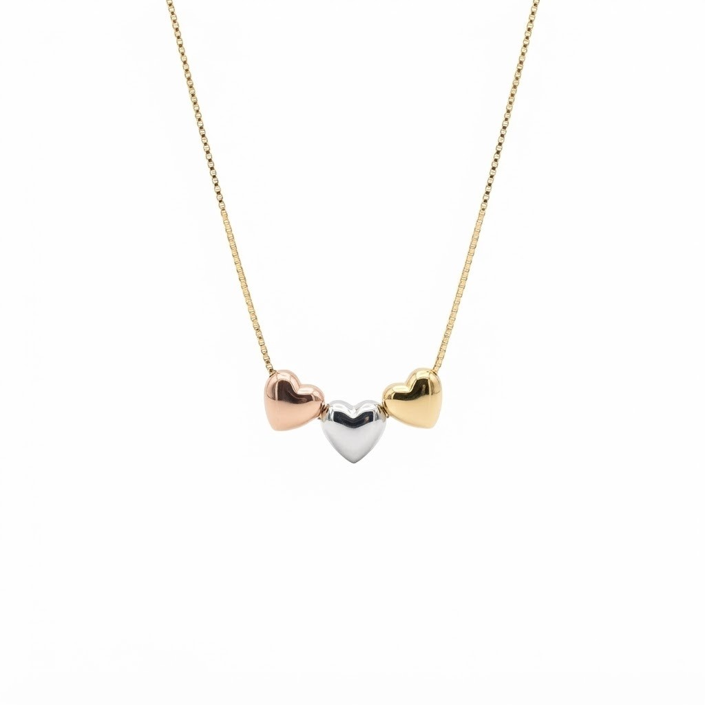 Colar Ouro 18K 3 Corações Rosé, Ouro Branco, Ouro 18K