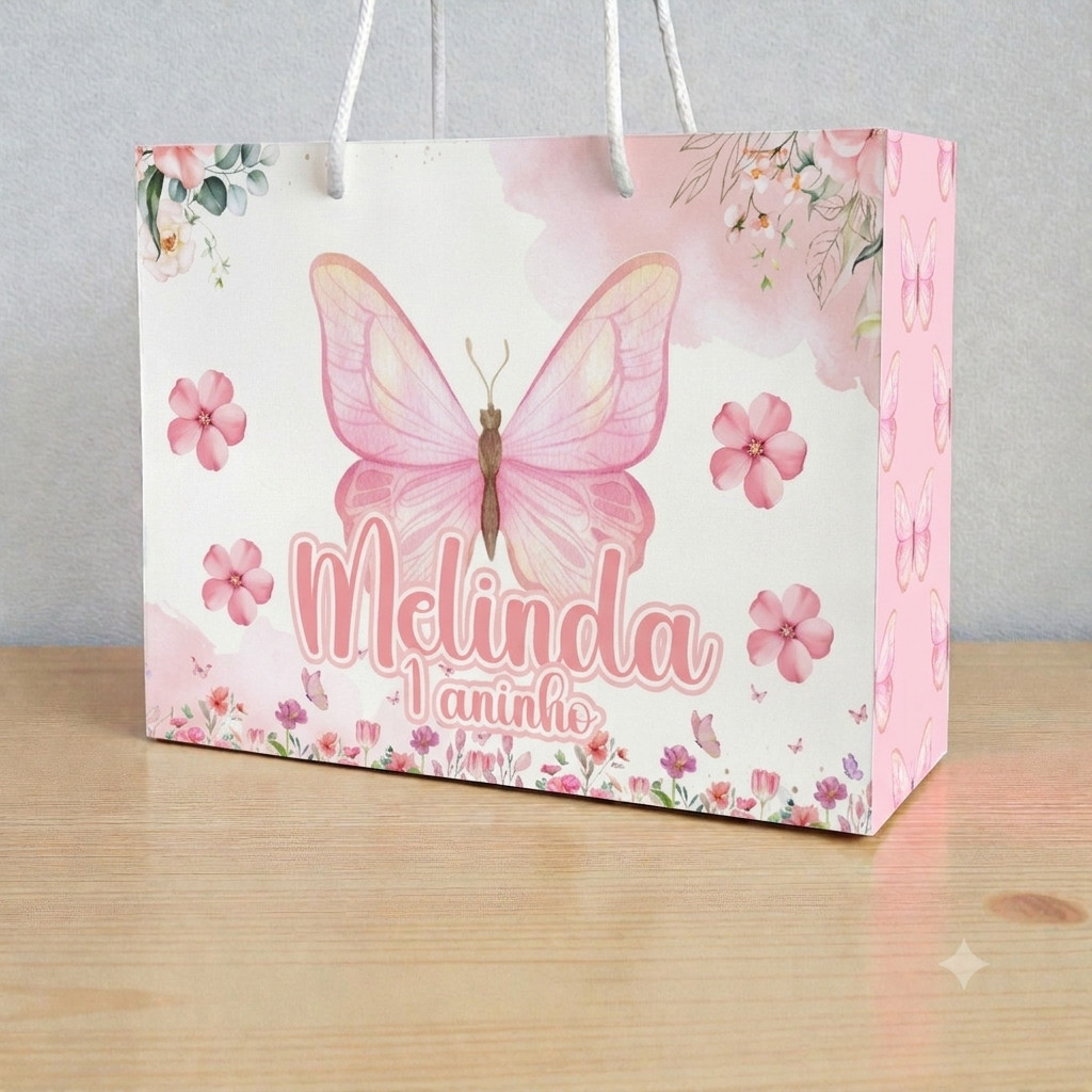 SACOLA BORBOLETAS ROSA  Personalizado | Sacolinha | Lembrancinha | Mimos | Aniversário BORBOLETAS ROSA