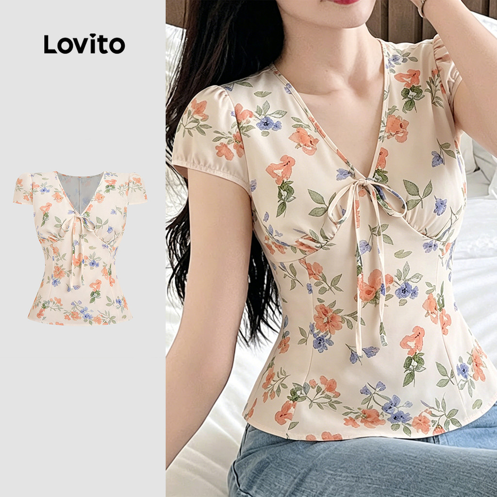 (New Arrival) Lovito Blusa Casual com Flores Maillard Primavera/verão Feminina L