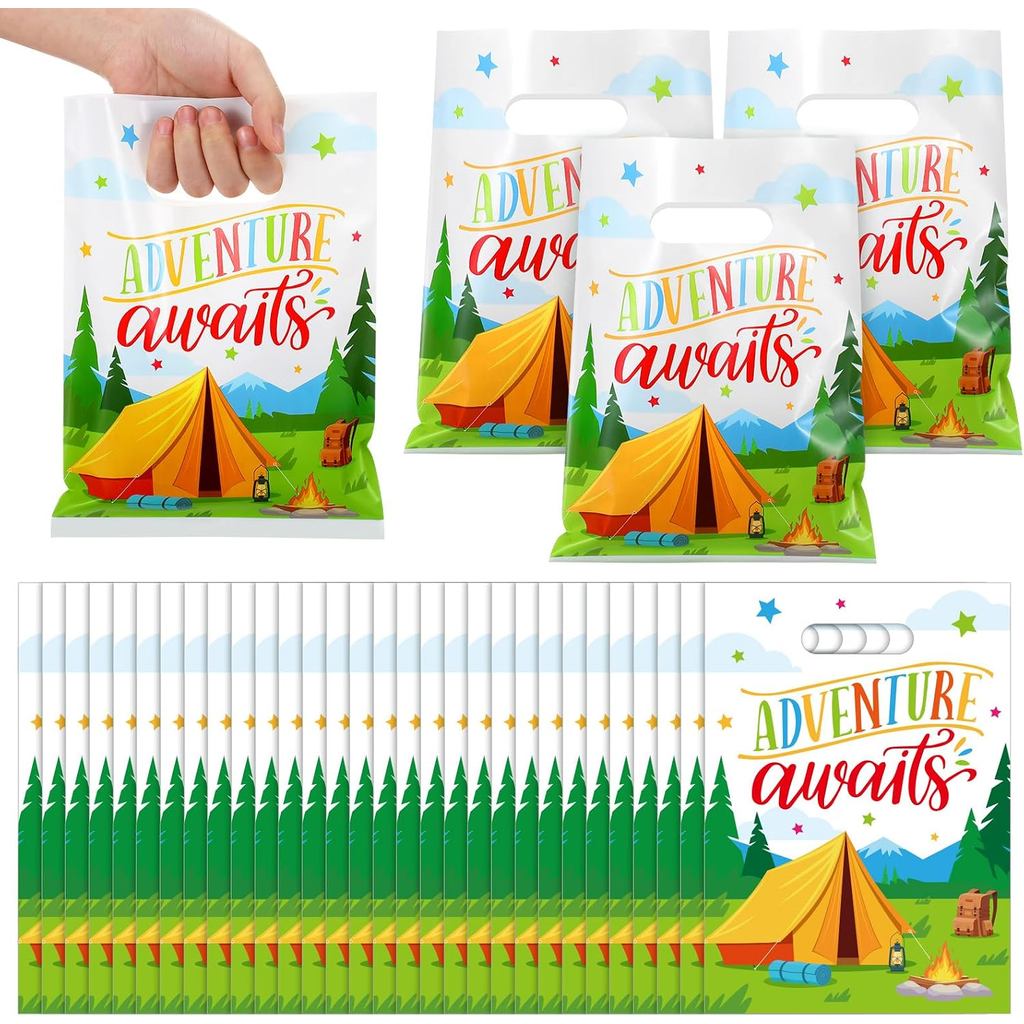 Motipuns 100 Sacolas Plásticas para Lembranças de Festa de Camping, com a Frase 'A Aventura Espera', para Viagens, Prese