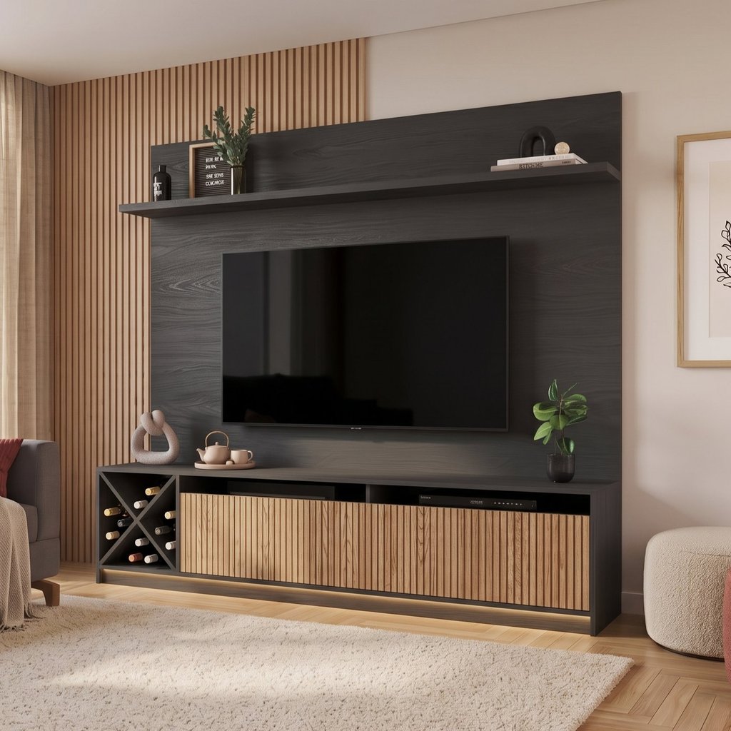 Rack com Painel para TV até 50 Polegadas 160CMX149,5cm Impressão Ripada e 2 Portas Adega Roma Preto Preto/Brise