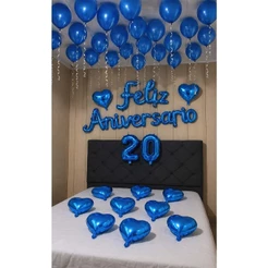Kit Balão "Feliz Aniversário" + 2Uni De Números 40CM + 10Uni De Balão Coração Azul+25 Bexiga Azul