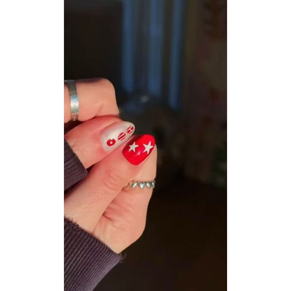 unhas postiças de gel artesanais unha de BTS vermelho e perolado