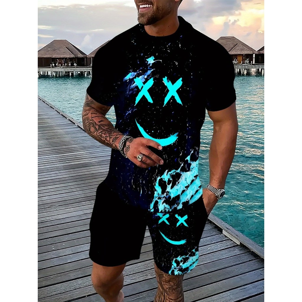 Terno esportivo de verão masculino colorido divertido e confortável camiseta Shorts