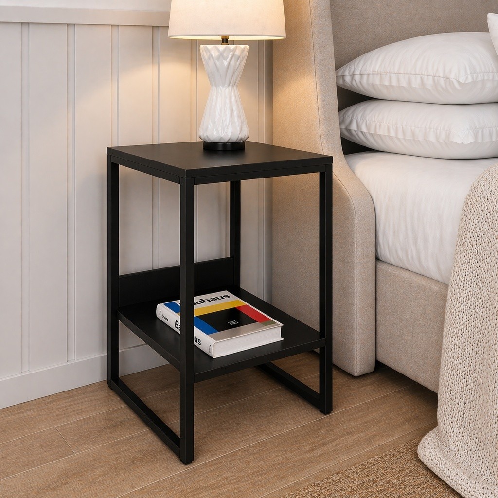 Mesa Cabeceira de Cama Industrial Criado mudo Base de Ferro Tampo Madeira Alto Padrão Luxo
