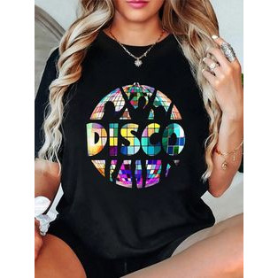 Camiseta Feminina Estampa Disco Dancantes Coloridos Moderna Estilosa Confortável Moda Feminina Retrô