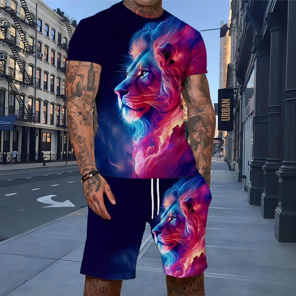 Europeu americano Cross-Border novos produtos leão terno Casual masculino impressão Digital 3D tamanho grande manga curt