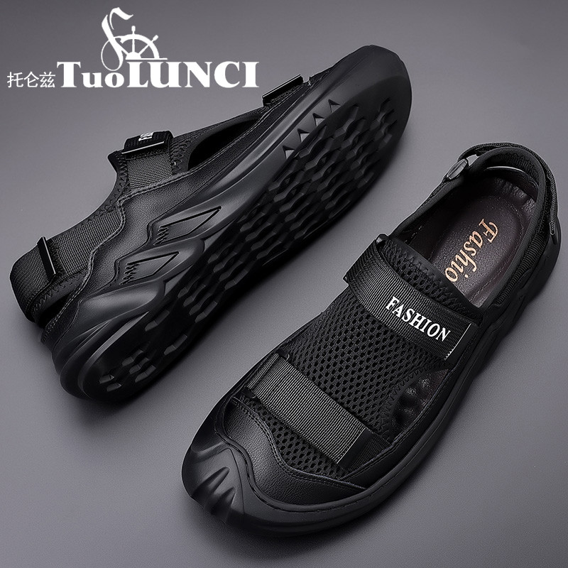 Sandálias masculinas 2026 verão novo estilo na moda couro genuíno sapatos de praia romanos Baotou respirável tamanho gra