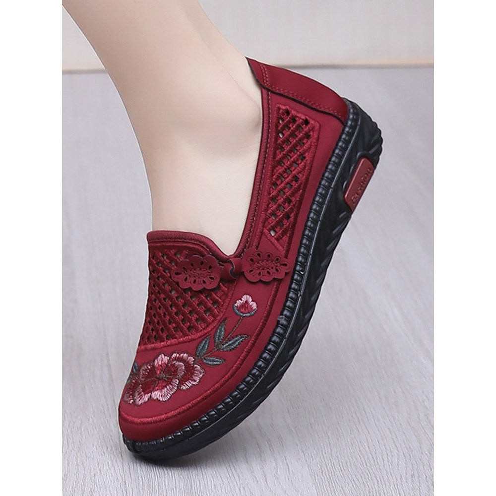 Sapatos de malha feminino malha respirável velho pequim pano sapatos femininos de meia-idade idosos oco mãe sapatos plan