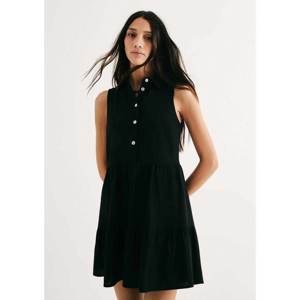Vestido Curto Evasê Com Linho