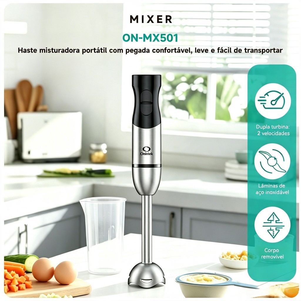 Mixer de Mão Elétrico 260W Aço Inox Lâmina 304 - 2 Velocidades para Papinhas e Molhos Onistek