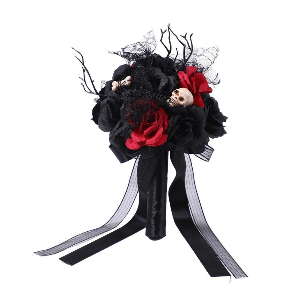 Buquê De Noiva Gótico Preto Vermelho Rosa Flores De Caveira Artificial Mão De Casamento Escuro De Halloween Festa Foto A