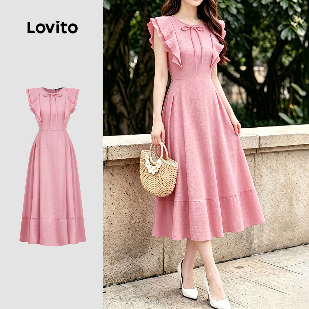 (New Arrival) Lovito Vestido Feminino Elegante Com Pregas E Zíper Rosa Para Prim