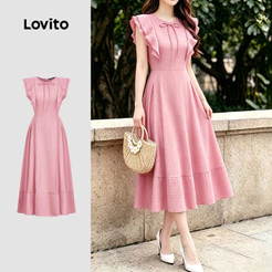 Lovito Vestido Feminino Elegante Com Pregas E Zíper Rosa Para Primavera/verão LK7ED480