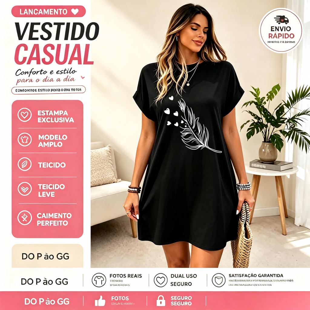Vestido Camisetão Estilo Tshirts Oversized com Estampa Flor Gola Redonda Leve Durante Todo o Ano