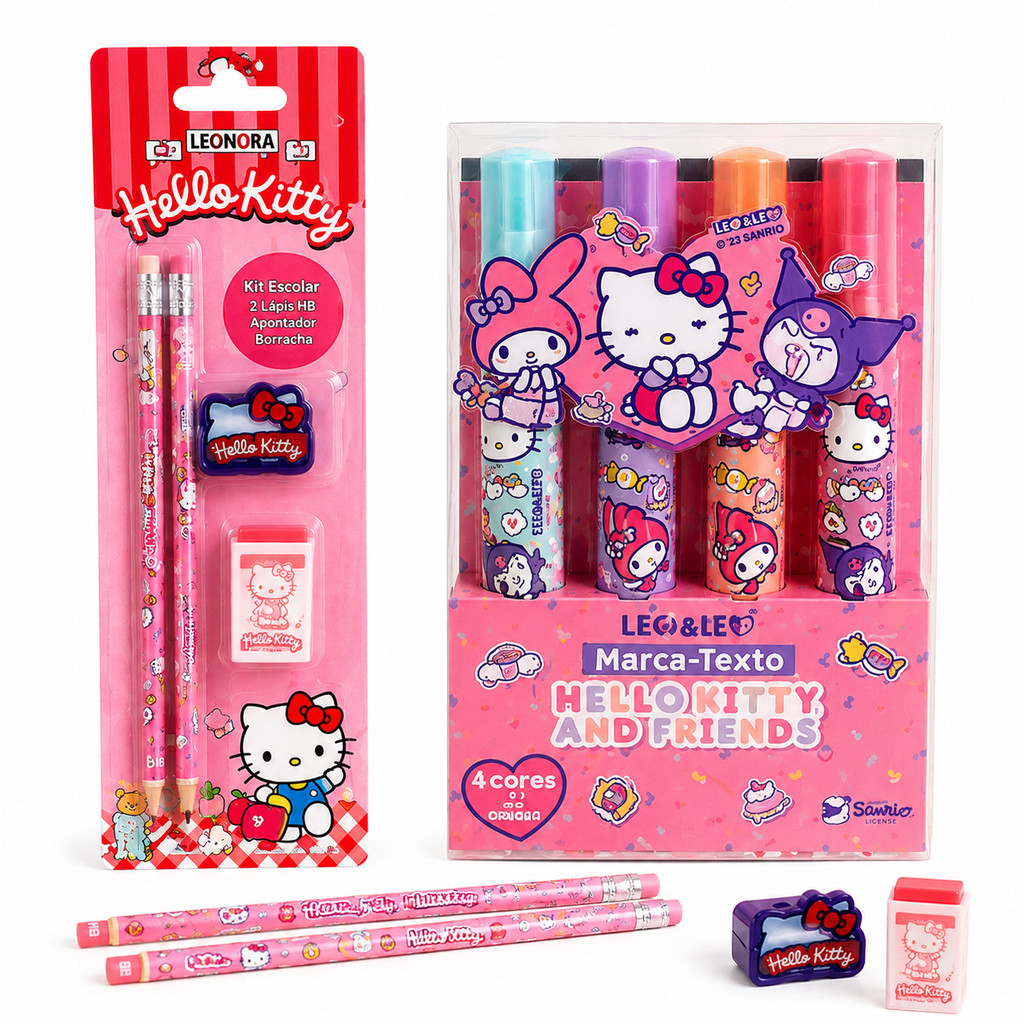 Kit Escolar Hello Kitty – Lápis HB, Borracha, Apontador e Marca-Texto com 4 Cores