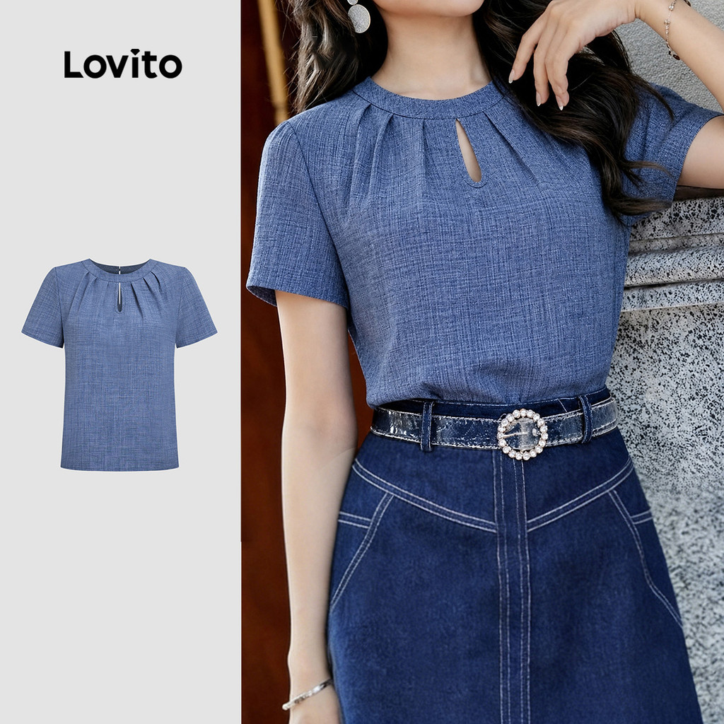 Lovito Elegante Blusa Plissada com Detalhes Vazados Primavera/verão Azul para Mu
