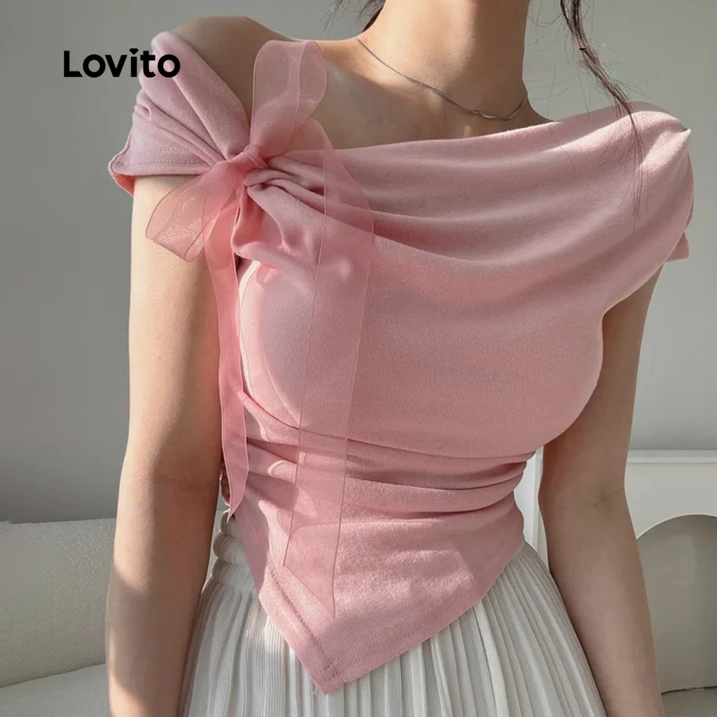 Lovito Rosa Camiseta Fofa Lisa Assimétrica Com Gravata Frontal Para Mulheres L122AD121 · foto 2