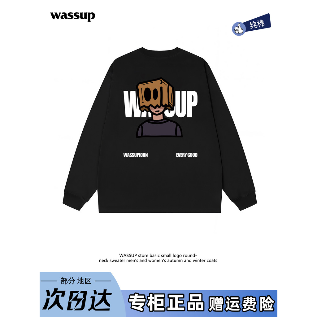 WASSUP Americano Retro Simples Casual Carta Impressão Primavera Outono Em Torno Do Pescoço De Manga Comprida Camiseta Ma