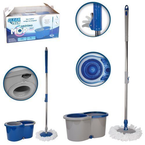 Mop Giratório com Alça e Balde 13 Litros, Mop Esfregão Giratório 13L, Mop Rotativo com Balde Giratório 13 Litros