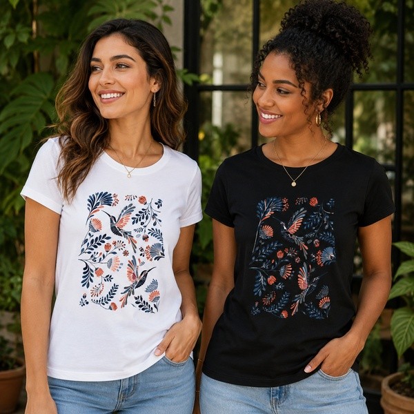 Camiseta Feminina Estampada Passáros 100% Algodão Leve Macia Confortável Casual