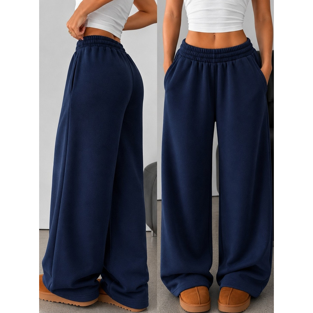 Calça Moletom Feminina Wide Leg Pantalona com Elástico na Cintura Bolsos Laterais — imagem 2 de 2
