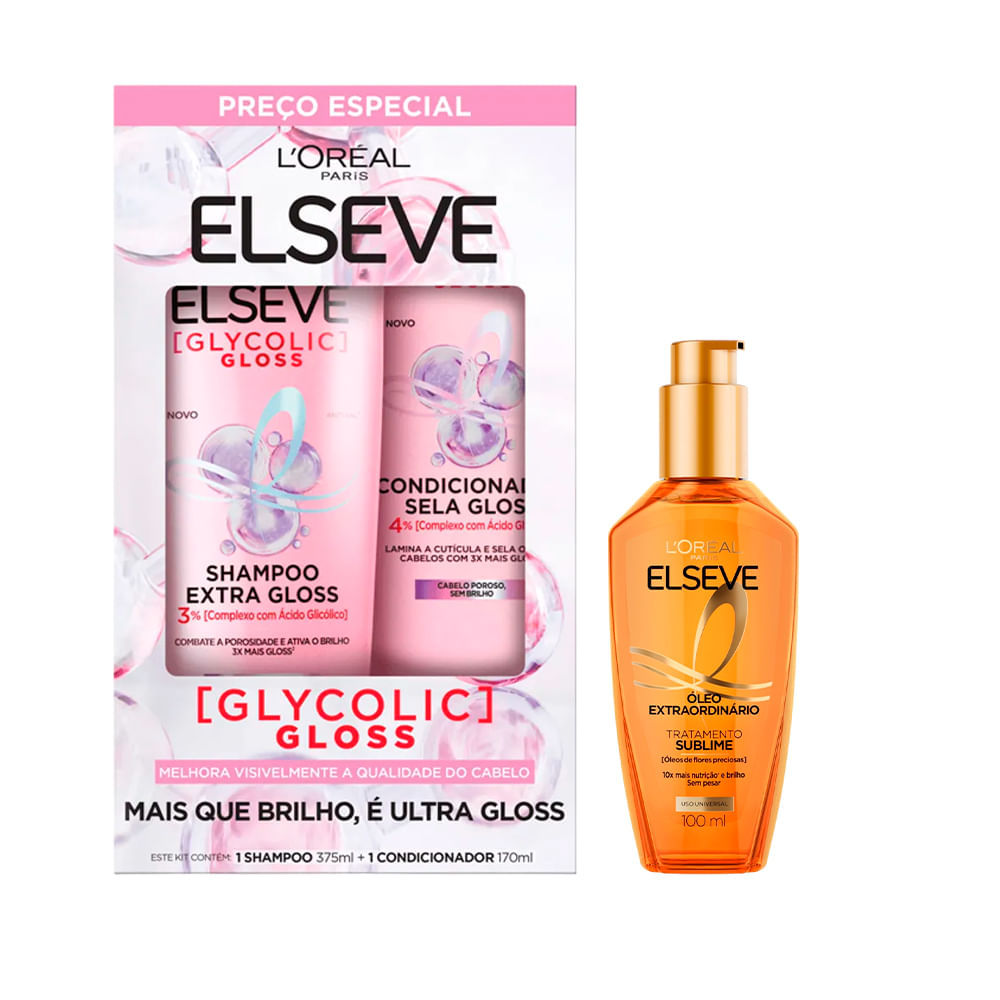 Kit Elseve Kit Shampoo 375ml + Condicionador Glycolic Gloss 170ml + Óleo Extraordinário 100ml