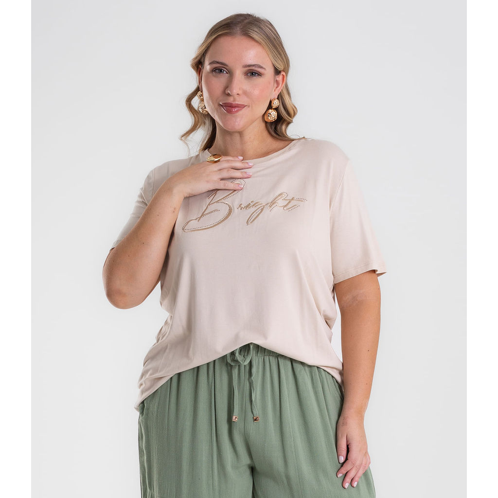Camiseta Feminina Bordado Plus Size Secret Glam Bege