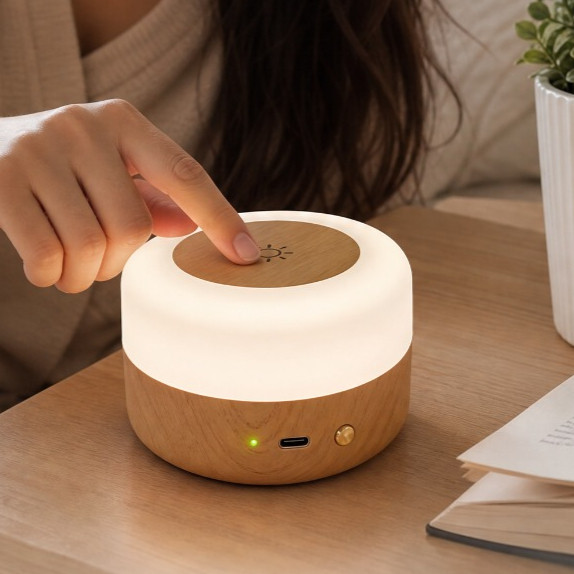 Mini Abajur Luminária De Mesa Touch RGB Recarregável Sem Fio 7 Cores LED Portátil Madeira USB Bivolt Luz Noturna Quarto