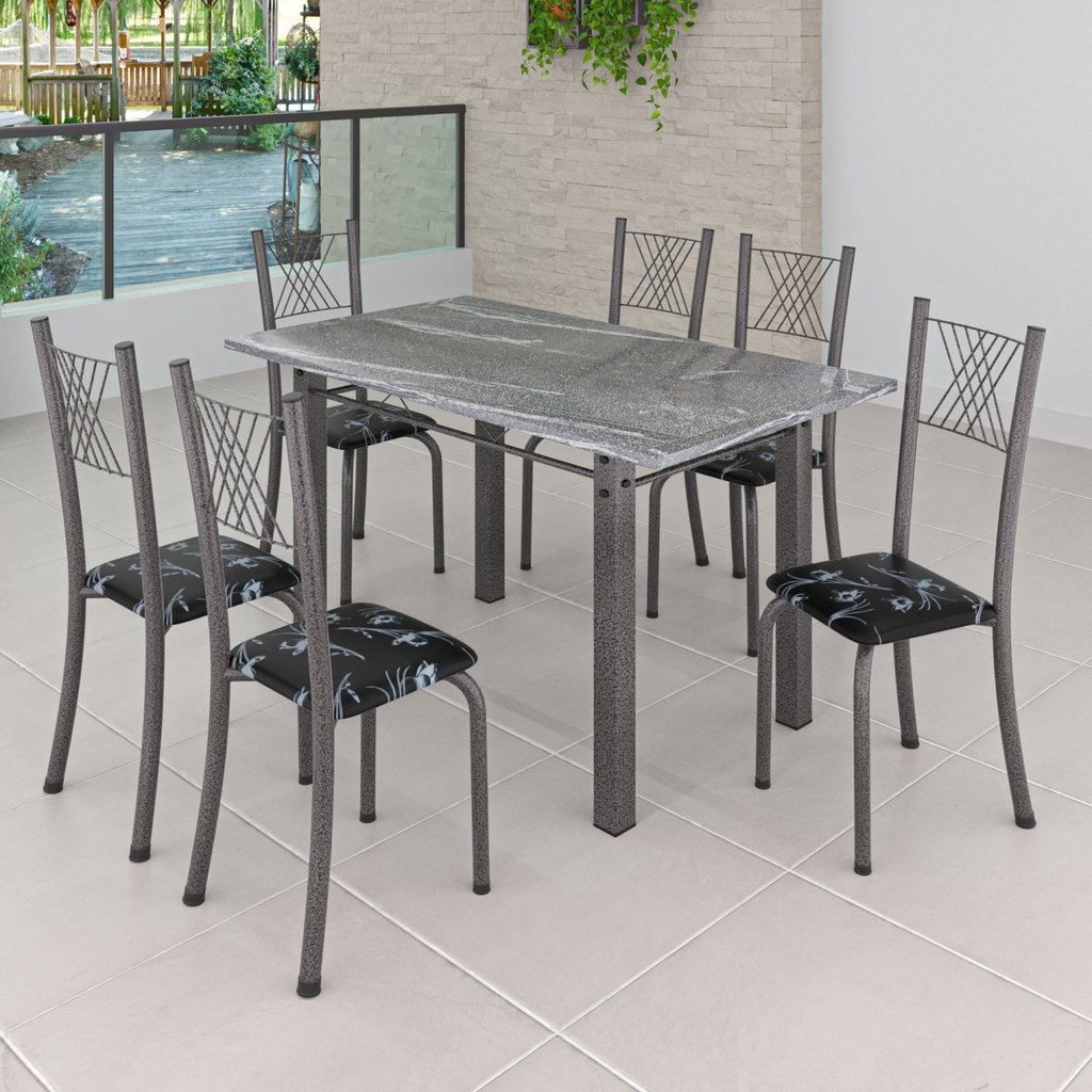 Conjunto Mesa com 6 Cadeiras Tampo de Granito Topázio Sara Yescasa Prata/Preto Floral/Mart Preto Floral/Prata
