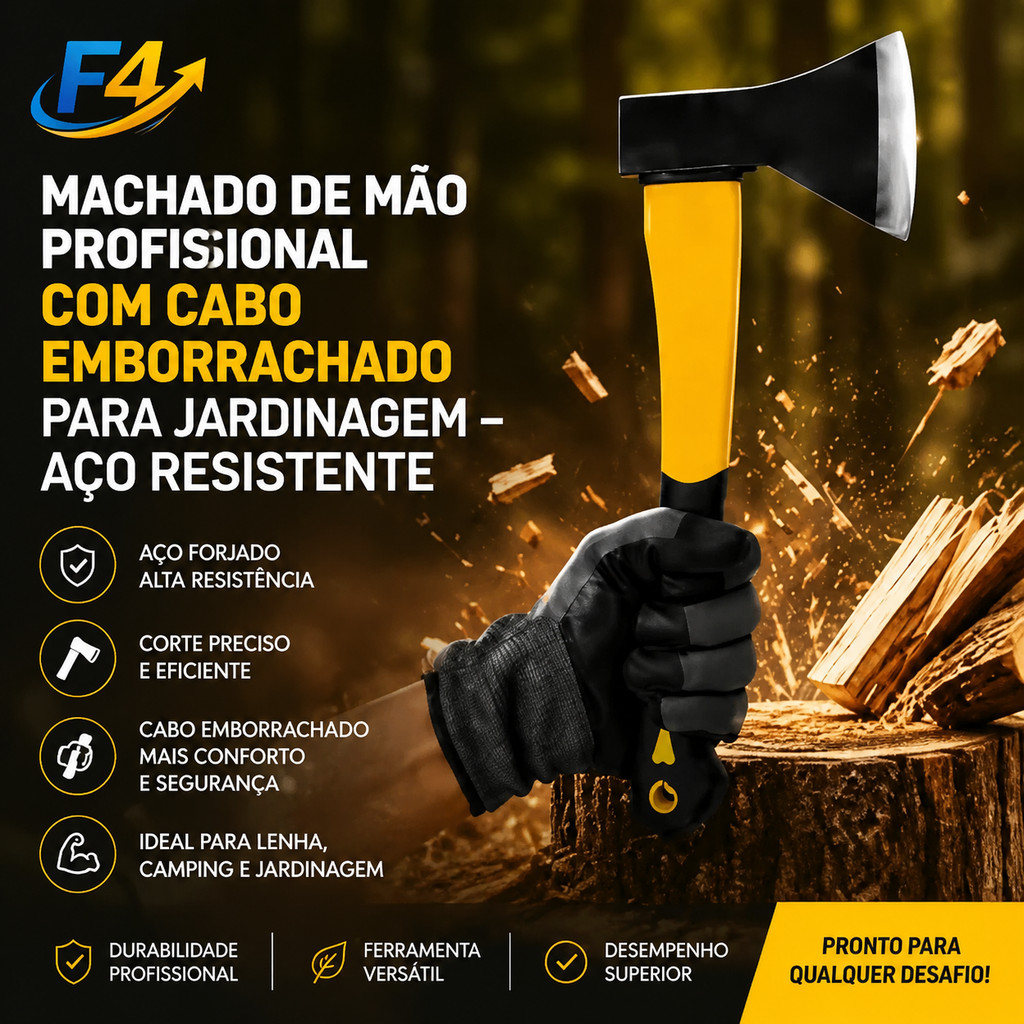 F4 Machado de Mão Profissional com Cabo Emborrachado para Jardinagem – Aço Resistente