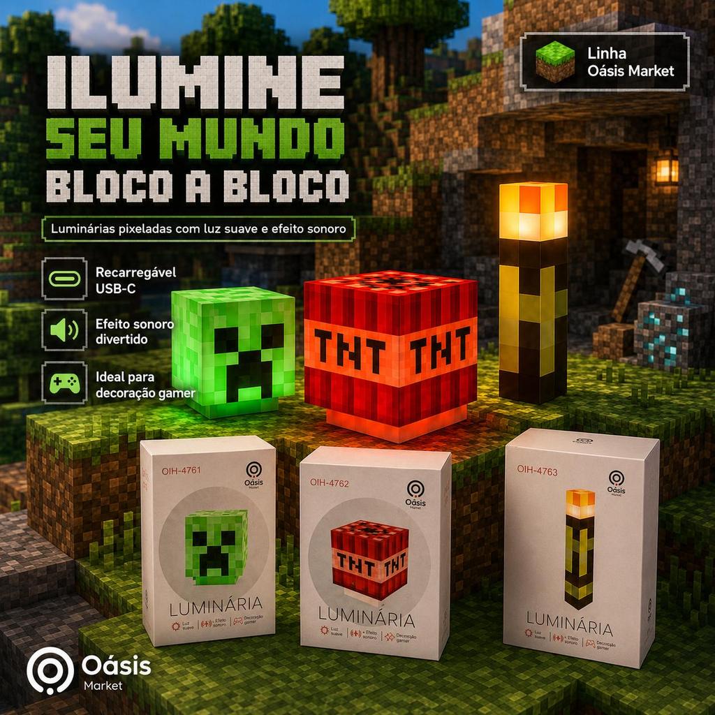 Kit 3 Luminárias Minecraft Oásis Creeper TNT Tocha Recarregáveis USB-C Com Som Lanterna