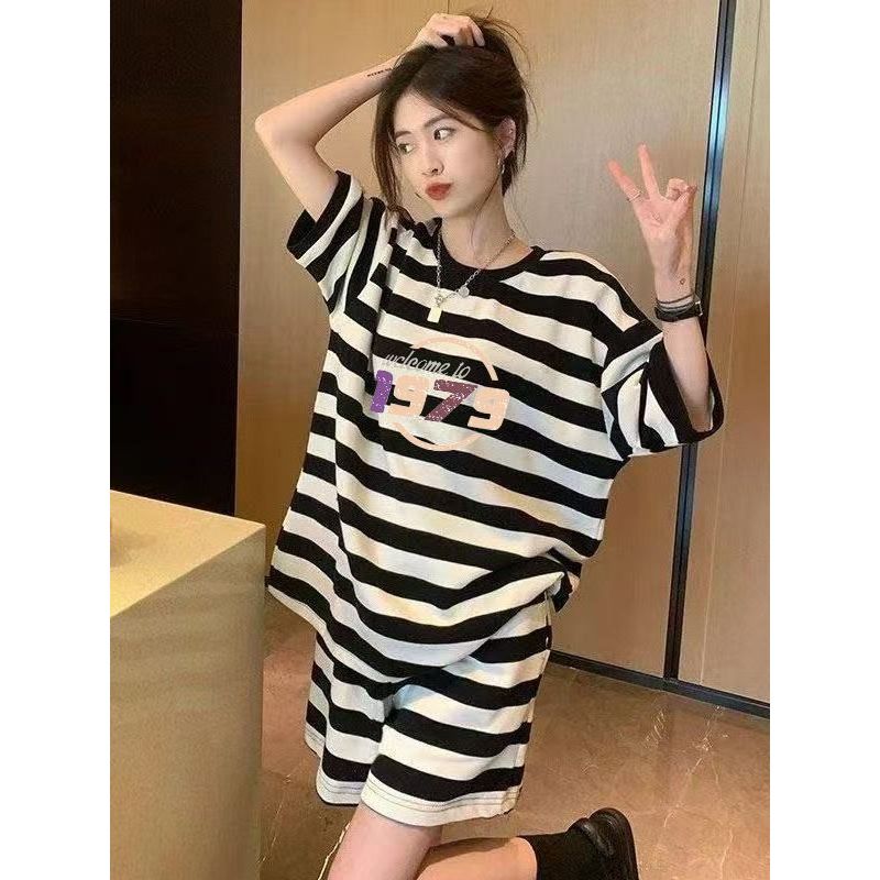 Pijamas verão Shorts de manga curta Plus Size senhoras High-End listras doce na moda Loungewear verão terno de duas peça