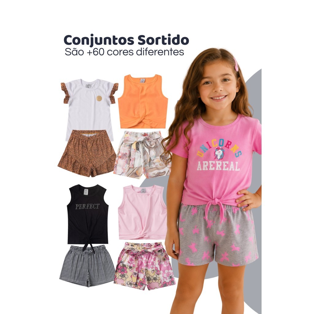 Kit Sortido 8 Peças de Roupas Infantis Menina - 4 Camiseta + 4 Bermudas - Kit com 4 Conjunto Menina