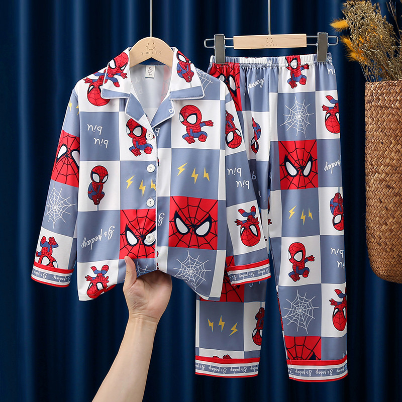 Crianças pijamas infantis primavera outono manga comprida lapela fina dos desenhos animados Spiderman meninos bonito Hom