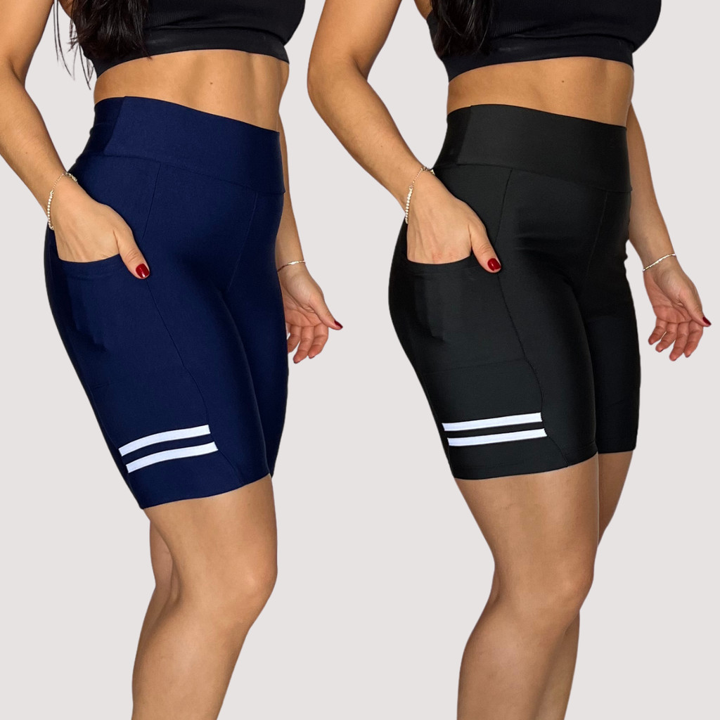 Kit 2 Short Suplex Com Bolso Feminino Cintura Alta Bermuda Compressão Fitness Corrida Caminhada Academia Preto/ Marinho