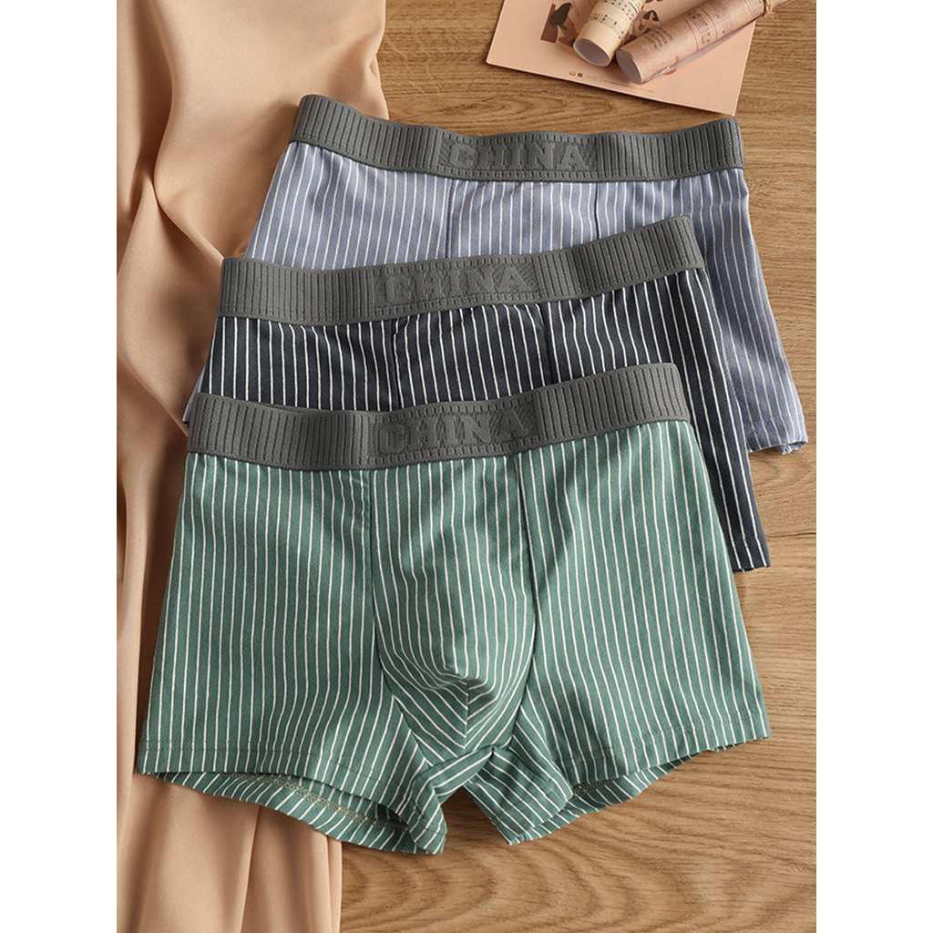 3 pacote roupa interior masculina listrado algodão puro boxer alta elástica respirável cintura média boxer Briefs menino