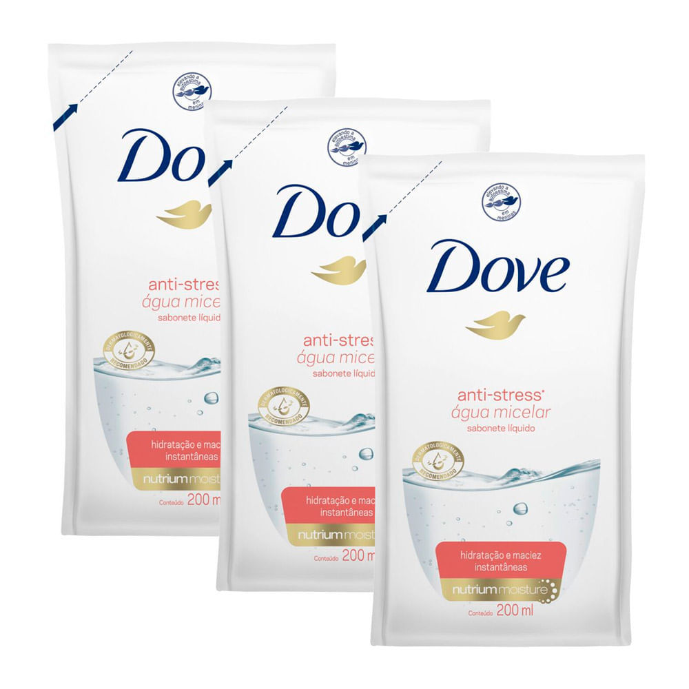 Kit 3 Sabonete Líquido Dove Antistress -Água Micelar Refil 200ml