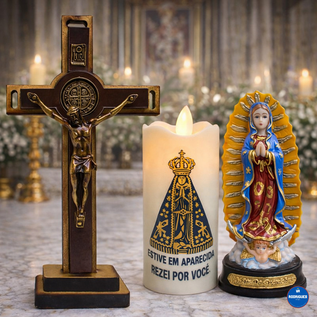 Kit Religioso Crucifixo 15cm + Nossa Senhora de Guadalupe 12cm + Vela LED Nossa Senhora Aparecida