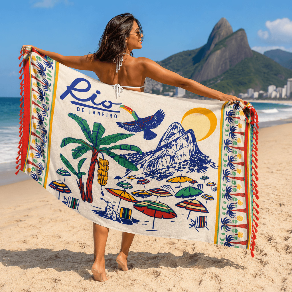Canga Praia Poliéster Rio de Janeiro Estampa Brasileira Moda Praia Tropical Canga Estampada Poliéster Verão