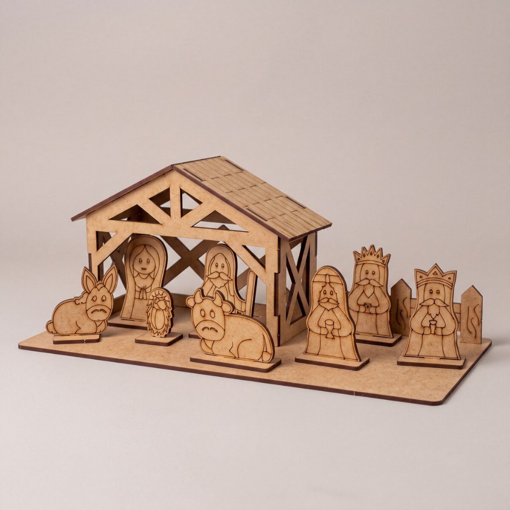 Presépio Completo de Montar em Mdf Sagrada Família Reis Magos Decoração Natal