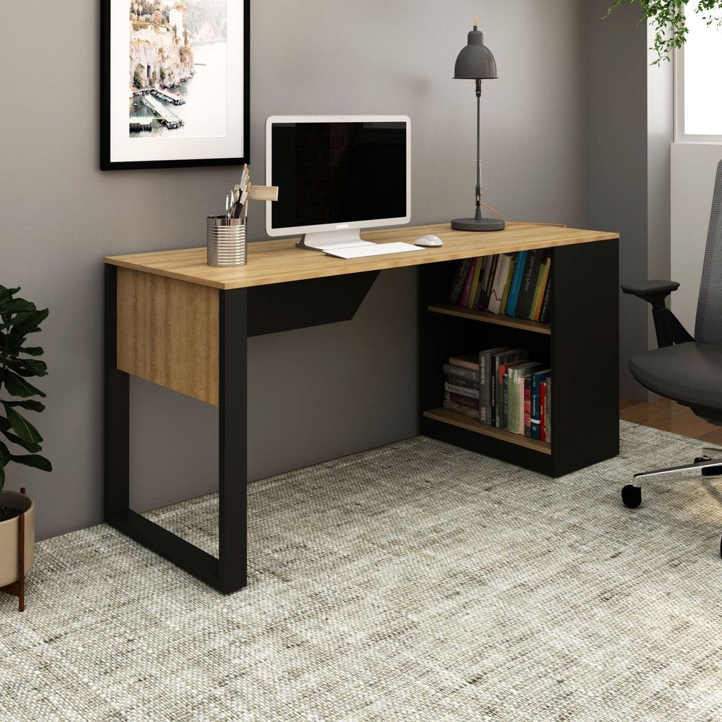Escrivaninha Mesa Escritório 160cm Amêndoa e Preto Marrom Amêndoa/Preto